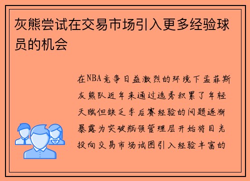 灰熊尝试在交易市场引入更多经验球员的机会