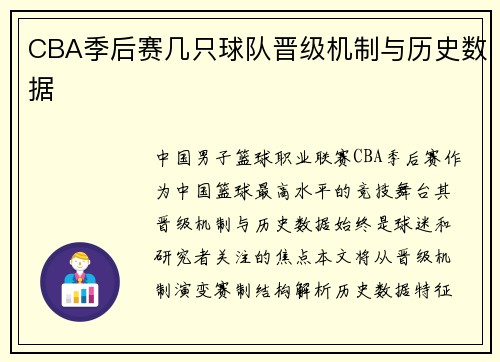 CBA季后赛几只球队晋级机制与历史数据